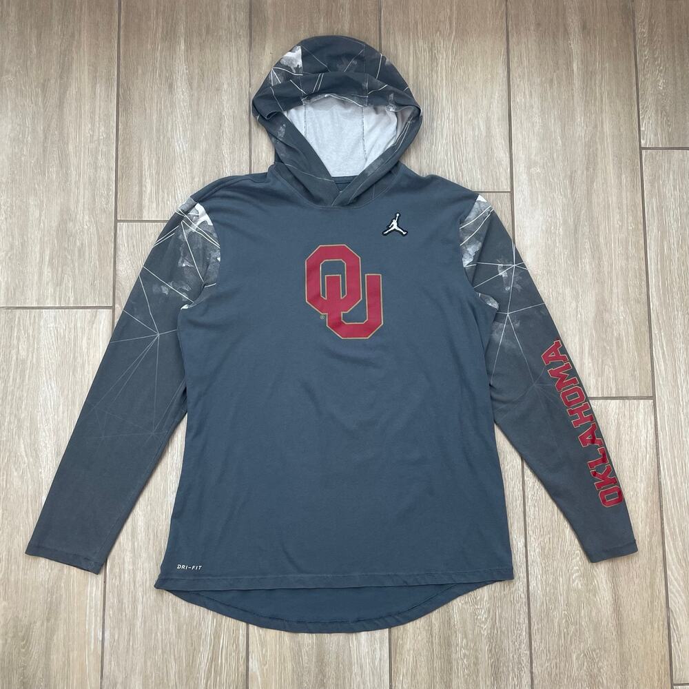 Jordan Oklahoma Sooners Hoodie Mens L Gray Dri Fit Long Sleeve OU Football